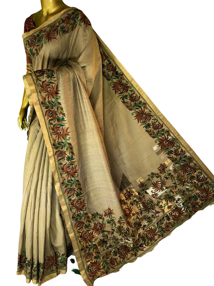 Sap Green Color Pure Muga Tussar Designer Saree with Embroidery