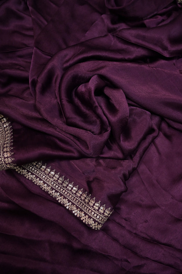 Satin Crepe Saree in Purplish Wine Color with Designer Border