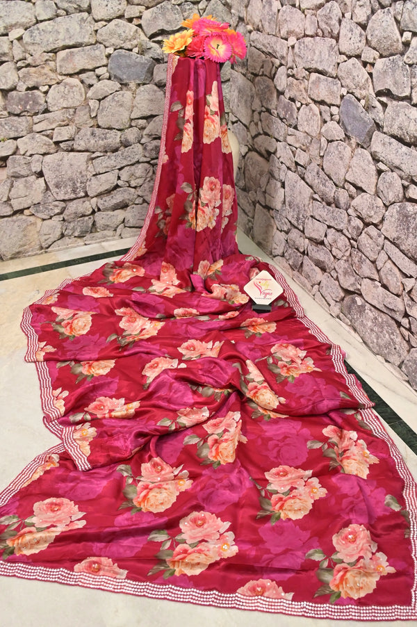 Satin Saree in Offwhite Color with Floral Digital Print and Sequin and Beads Embroidery Work with Scallop Stonework Border