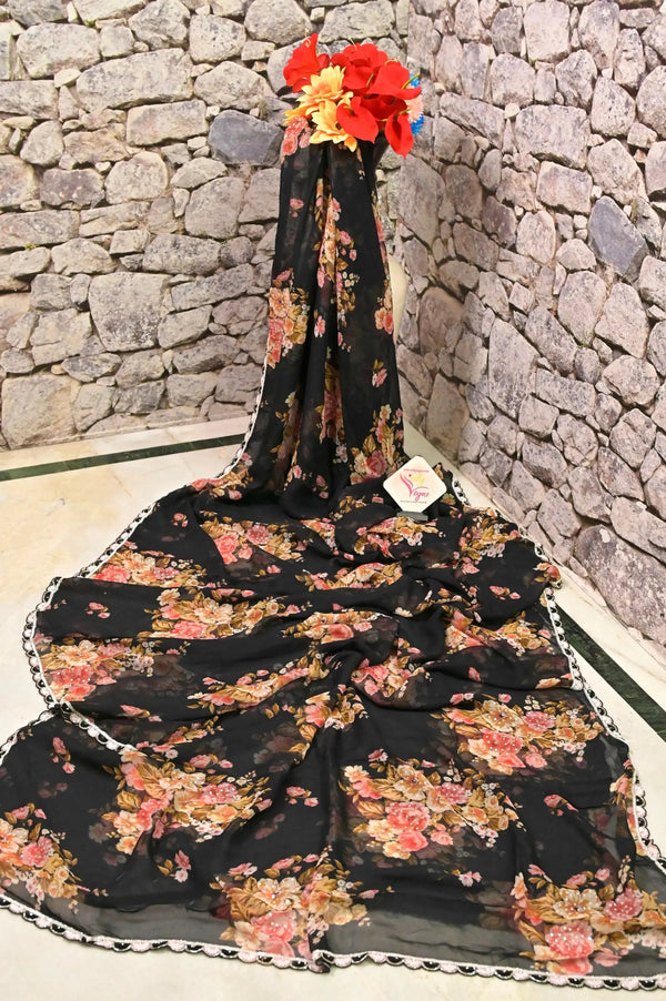 Satin Tussar Saree in Onyx Black Color with Digital Print and Sequin Embroidery with Scallop Border