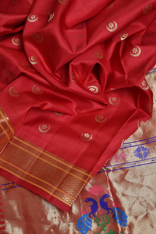 Scarlet Red Color Pure Maharani Paithani Silk Saree with Golden Butta Work