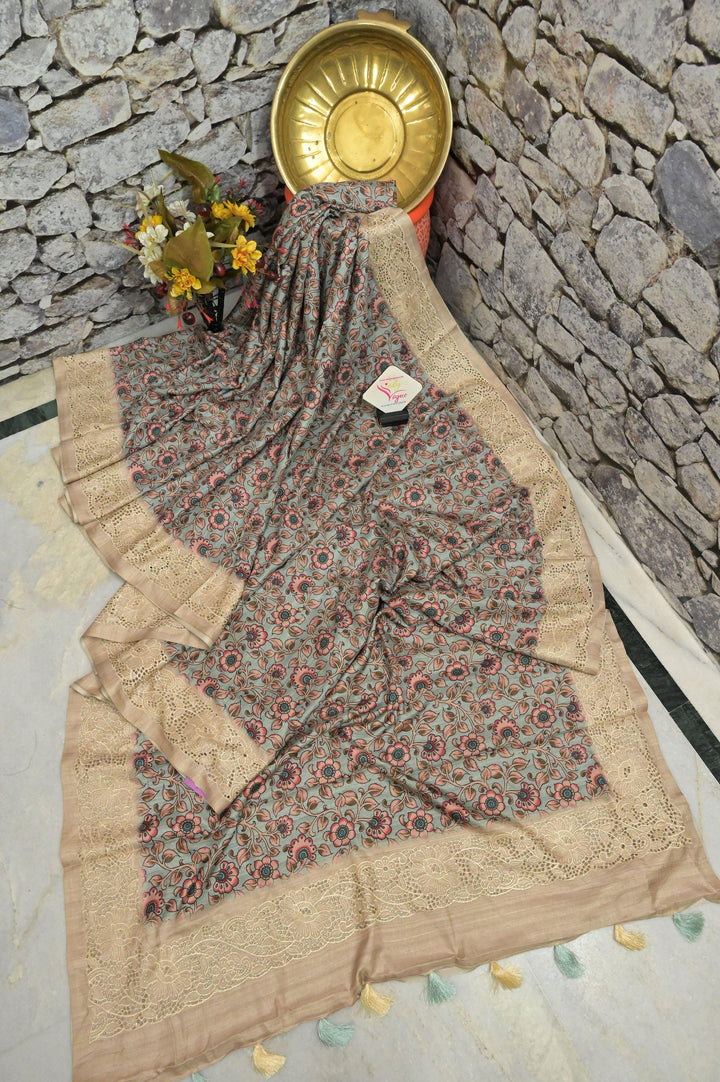 Sea Green Color Kalamkari Printed Bhagalpuri Silk Saree with Embroidery and Cut Work