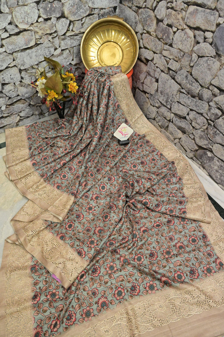 Sea Green Color Kalamkari Printed Bhagalpuri Silk Saree with Embroidery and Cut Work