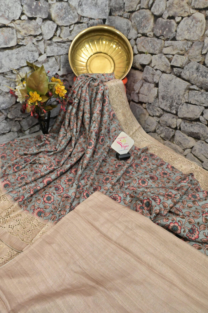 Sea Green Color Kalamkari Printed Bhagalpuri Silk Saree with Embroidery and Cut Work