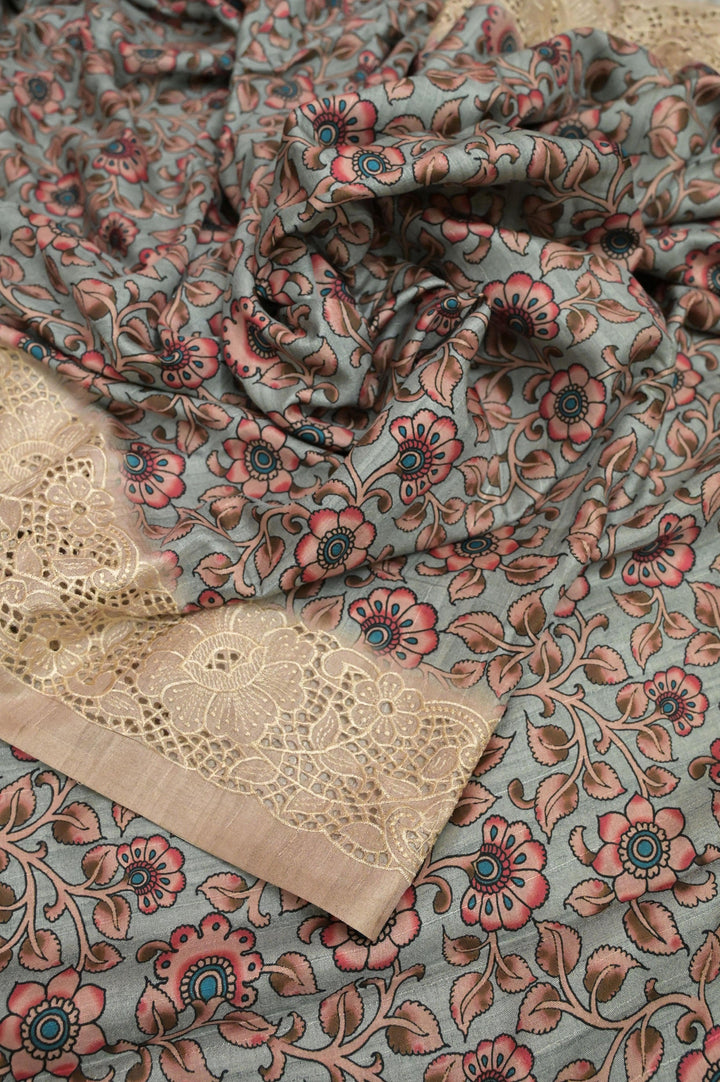 Sea Green Color Kalamkari Printed Bhagalpuri Silk Saree with Embroidery and Cut Work