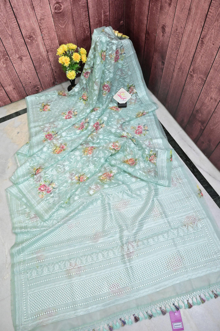 Sea Green Color Organza Saree with Chikankari and Digital Print