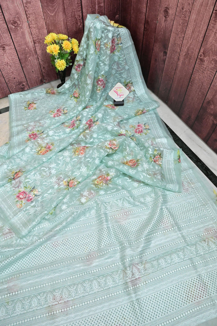 Sea Green Color Organza Saree with Chikankari and Digital Print