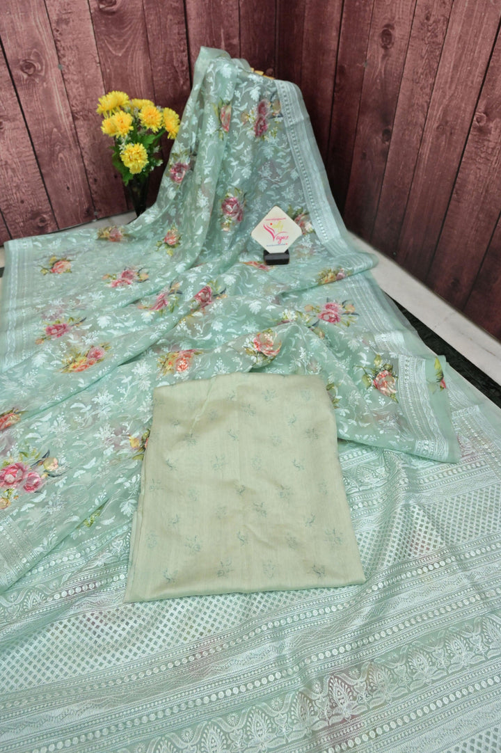 Sea Green Color Organza Saree with Chikankari and Digital Print