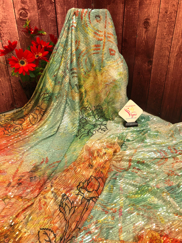 Seafoam Green and Orange Color Designer Net Saree with Digital Print & Sequin Work