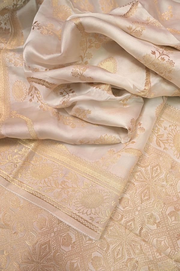 Semi Mashru Silk Saree in Offwhite Pink Color Golden Jaal Zari Weaving Work