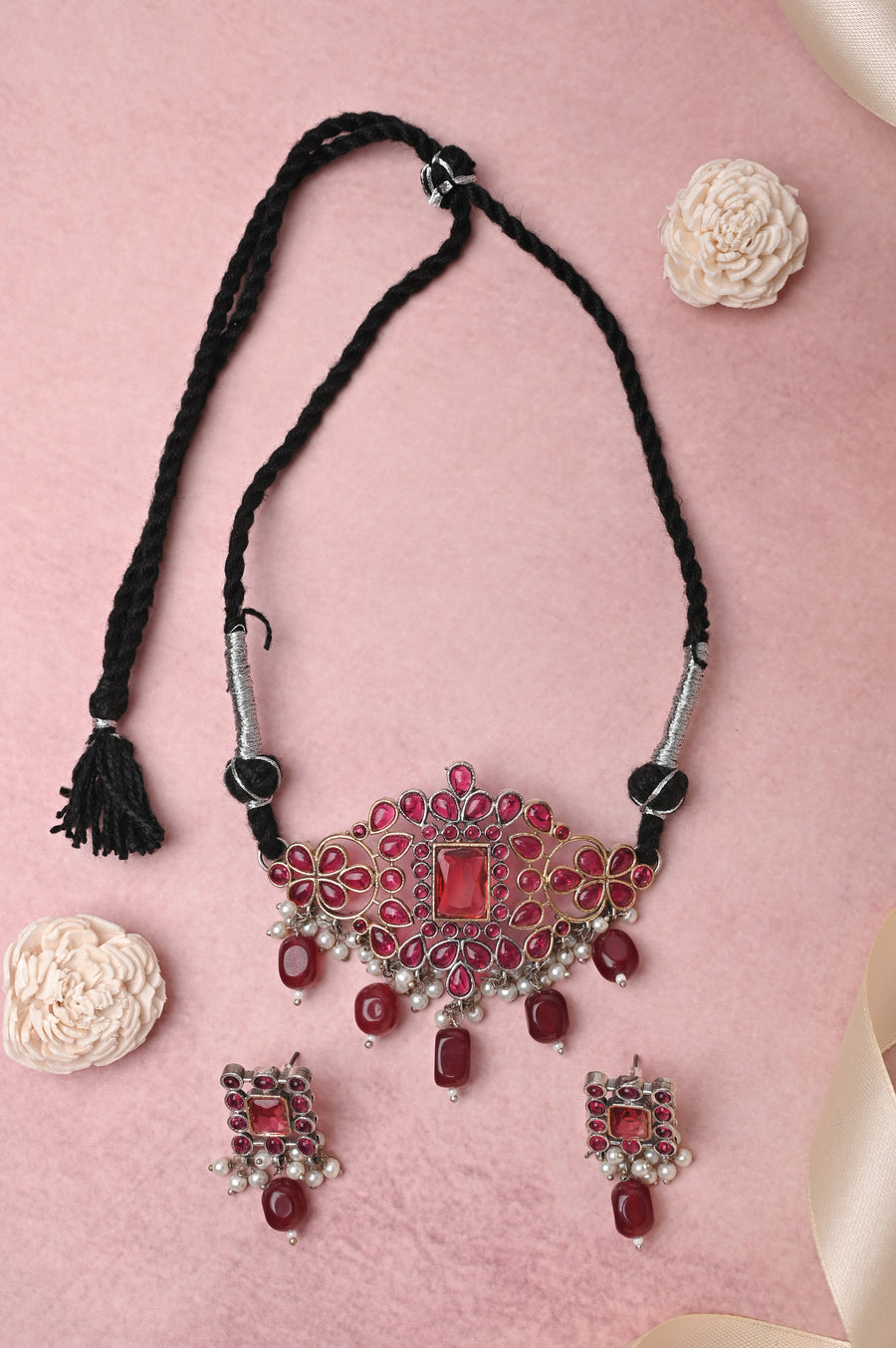 Silver and Golden Color Dual Tone Choker Necklace Set with Pomegranate Color Monalisa Stonework