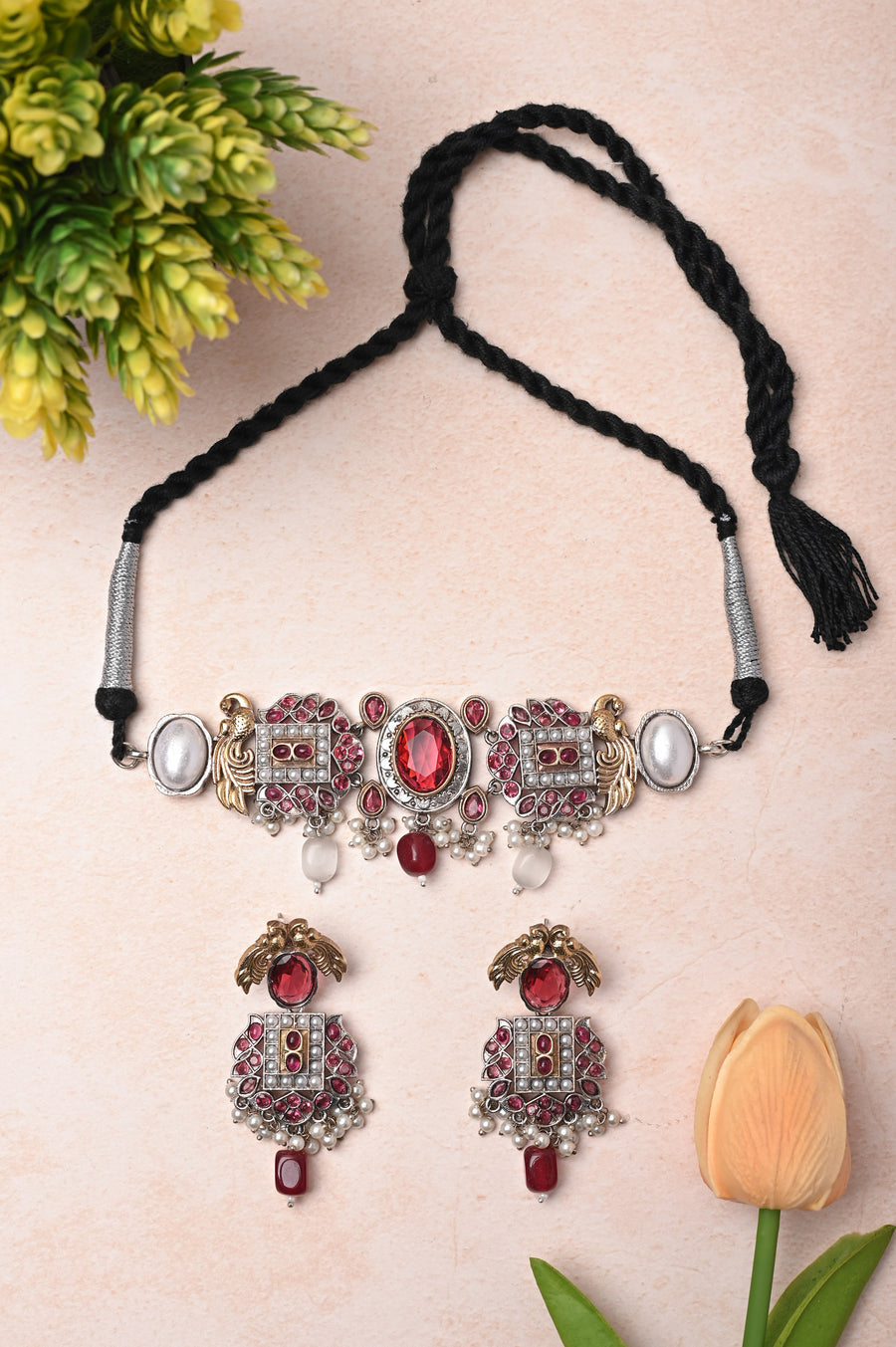 Silver and Golden Dual Tone Choker Necklace Set with Monalisa Stone and Pearl Work