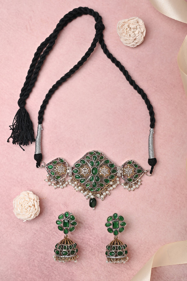 Silver and Golden Dual-Tone Choker Necklace Set with Monalisa Stonework and AD Stone