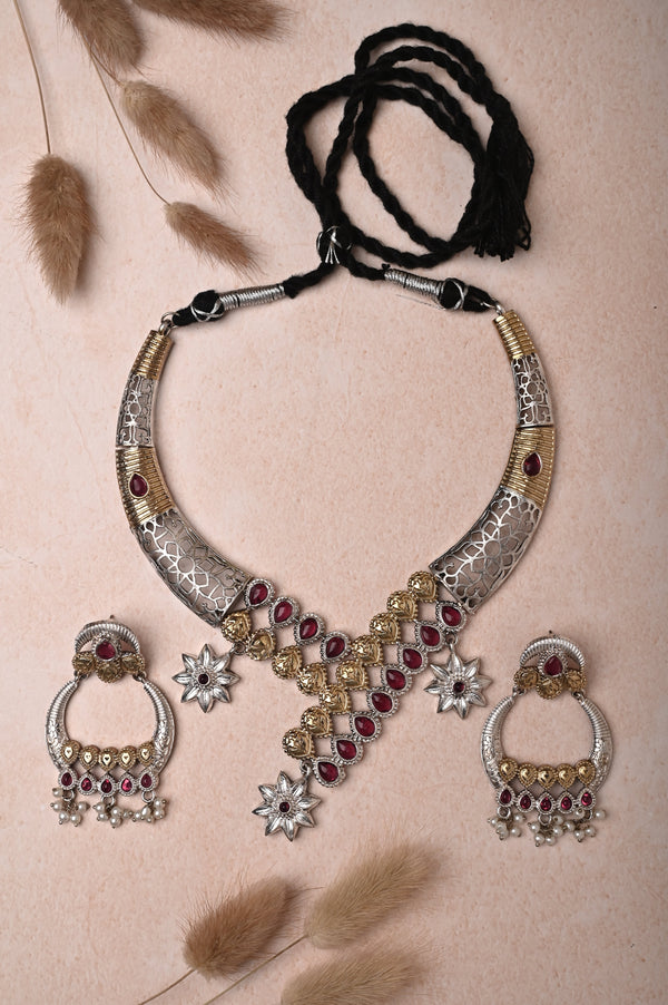 Silver and Golden Dual Tone Collar Necklace Set with Monalisa Stonework