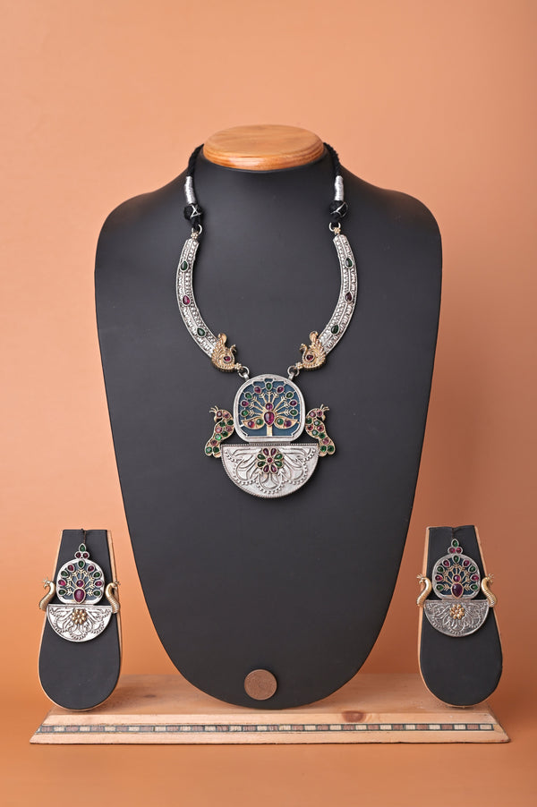 Silver and Golden Dual Tone Long Collar Necklace Set with Monalisa Stone Work