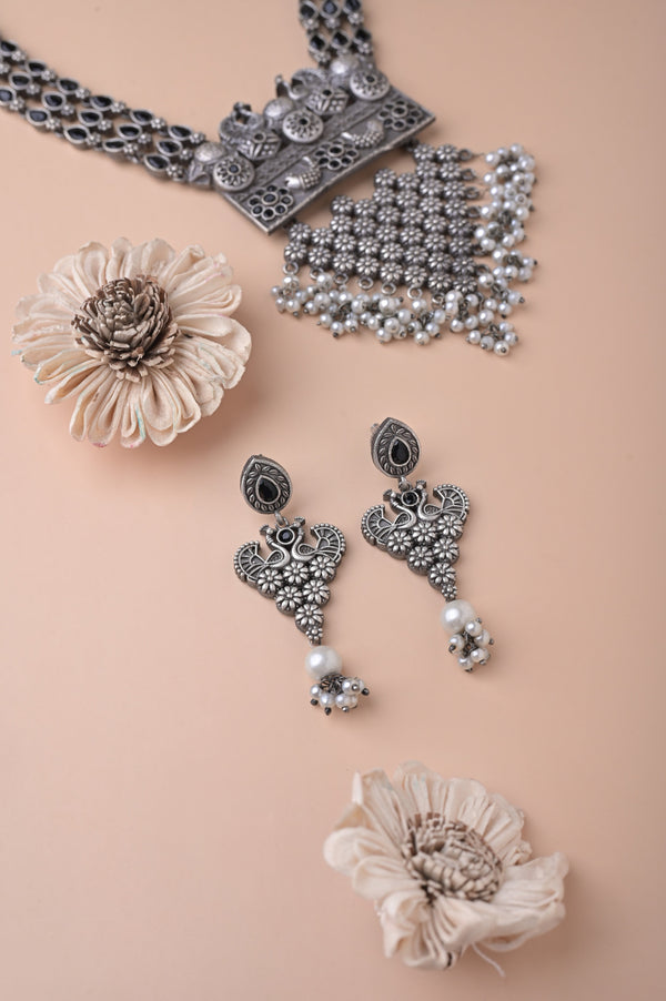 Silver Long Necklace Set with Monalisa Stone Work