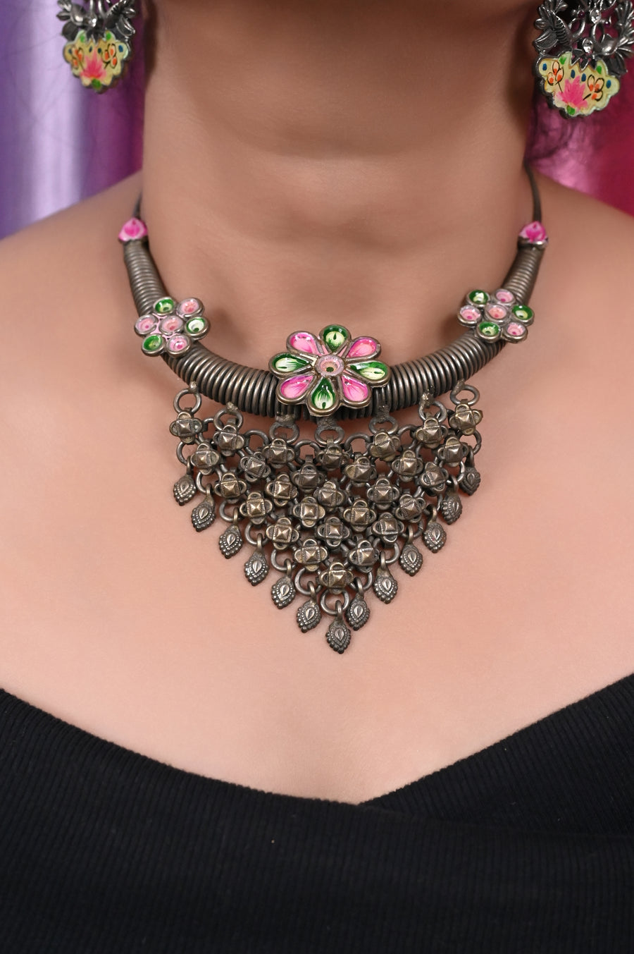 Silver Metal Hansuli Collar Choker Hand-Painted Necklace Set