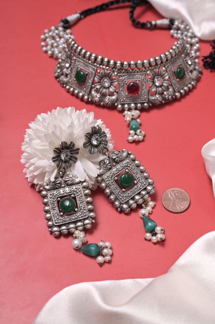 Silver Replica Choker Necklace Set with Multi-Color Kundan and Pearl Work