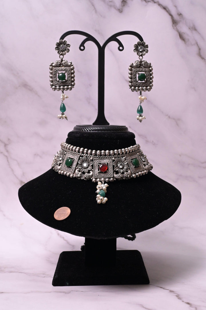 Silver Replica Choker Necklace Set with Multi-Color Kundan and Pearl Work