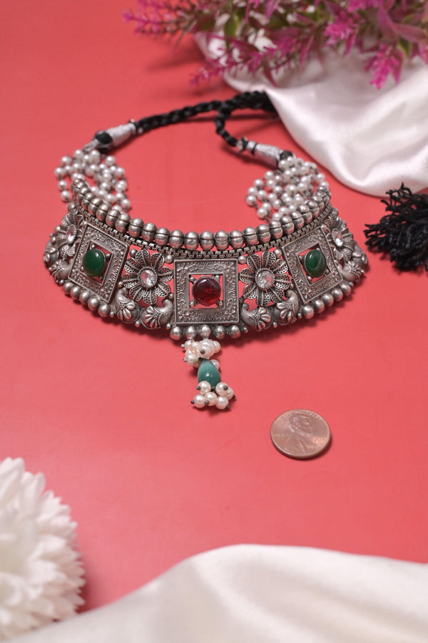 Silver Replica Choker Necklace Set with Multi-Color Kundan and Pearl Work