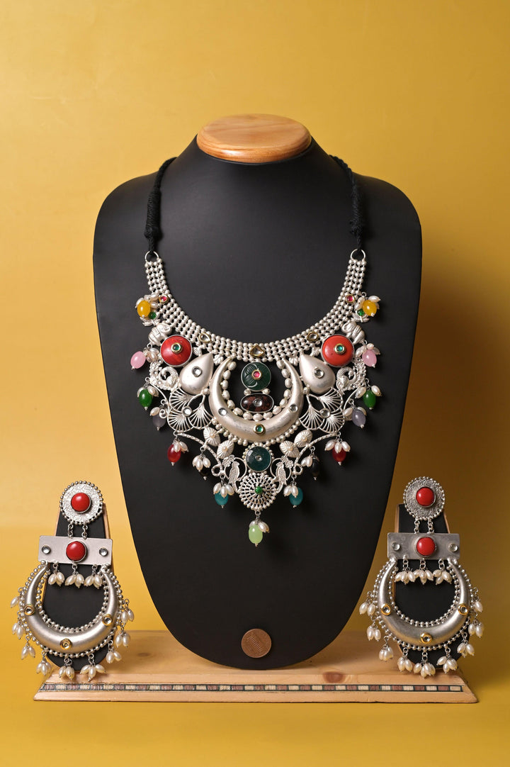 Sitahar Style Necklace Set with 92.5 Silver Polish Pachi Kundan & Monalisa Curve Stone Work