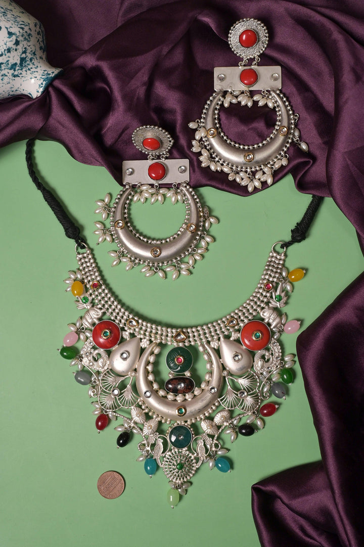 Sitahar Style Necklace Set with 92.5 Silver Polish Pachi Kundan & Monalisa Curve Stone Work
