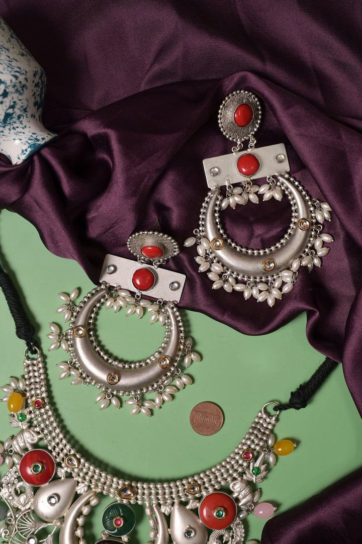 Sitahar Style Necklace Set with 92.5 Silver Polish Pachi Kundan & Monalisa Curve Stone Work