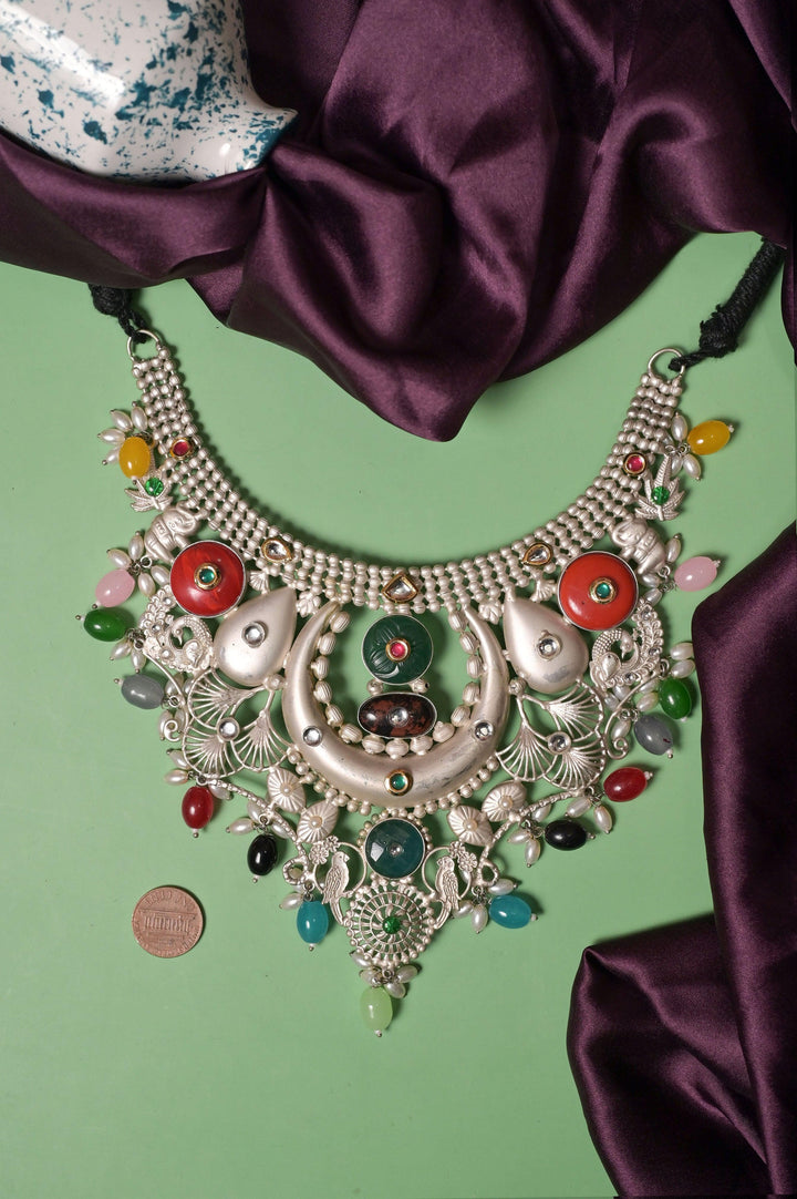 Sitahar Style Necklace Set with 92.5 Silver Polish Pachi Kundan & Monalisa Curve Stone Work