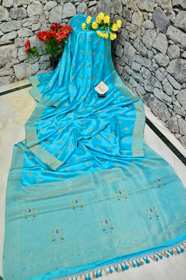 Sky Blue Color Mashru Banarasi Saree with Meenakari Butta Work