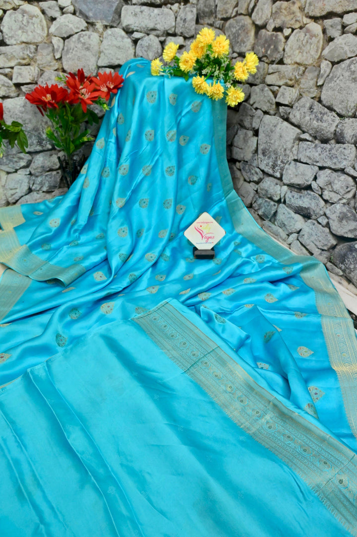 Sky Blue Color Mashru Banarasi Saree with Meenakari Butta Work
