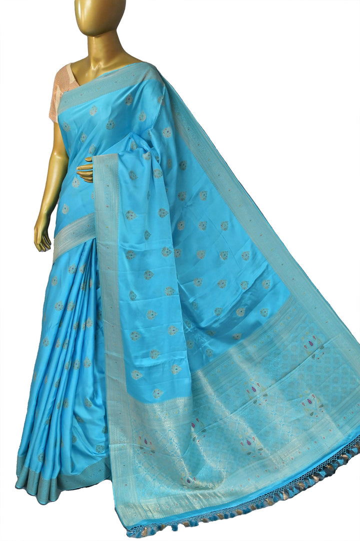 Sky Blue Color Mashru Banarasi Saree with Meenakari Butta Work