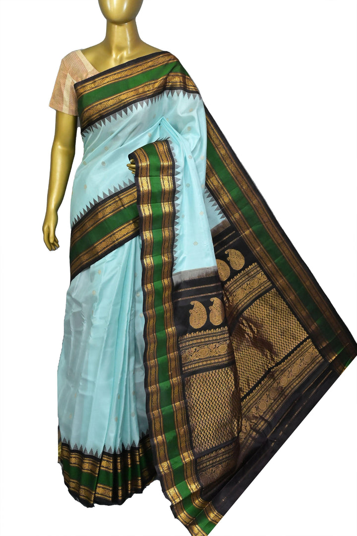 Sky Blue Color Pure Gadwal Silk Saree with Buti Work and Temple Border