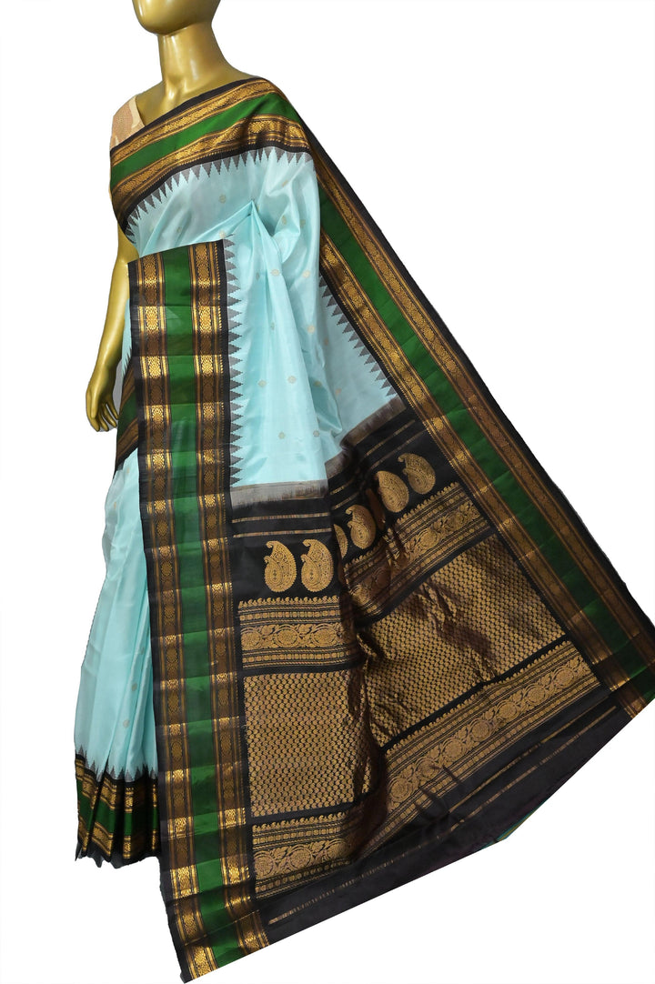 Sky Blue Color Pure Gadwal Silk Saree with Buti Work and Temple Border