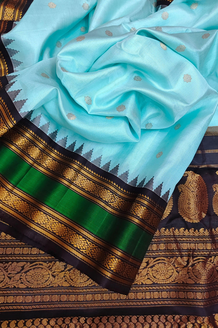 Sky Blue Color Pure Gadwal Silk Saree with Buti Work and Temple Border
