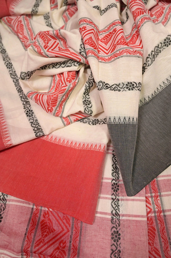 Soft Khadi Cotton Saree in Offwhite and Red Color with Ganga Jamuna Border Stripe Weaving Work