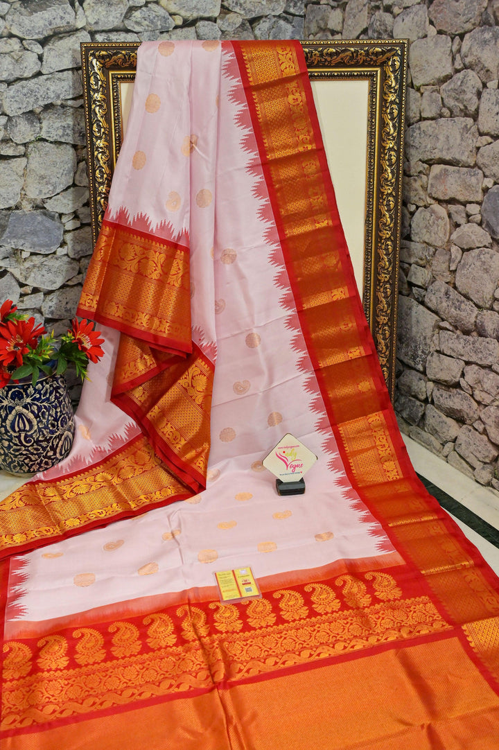 Soft Pink and Red Color Pure Gadwal Silk Saree