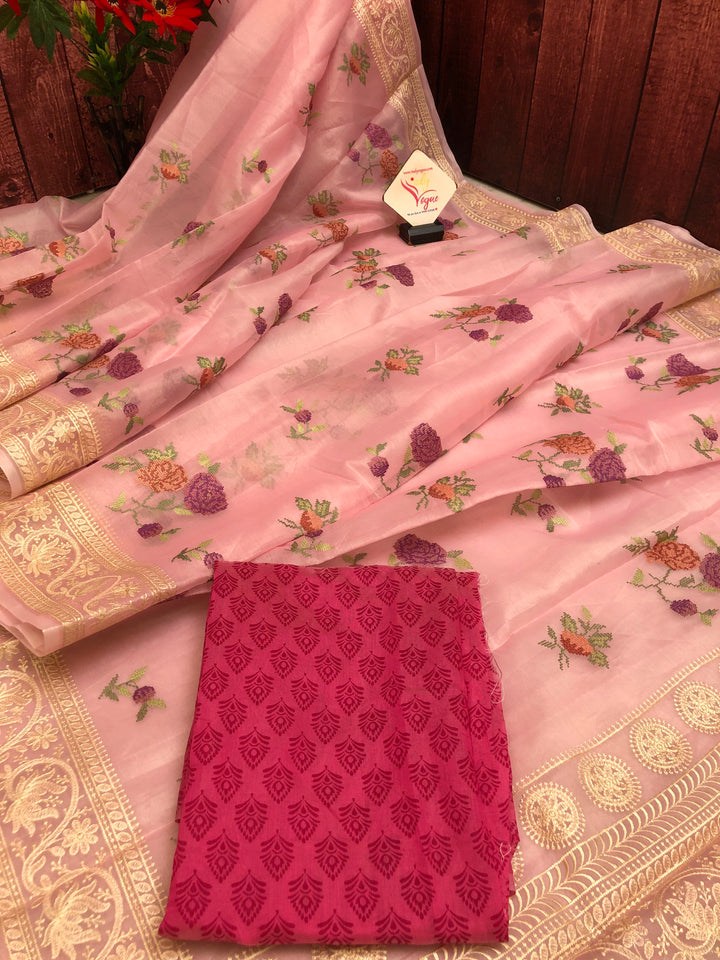Soft Pink Color Designer Organza Saree with Chikankari
