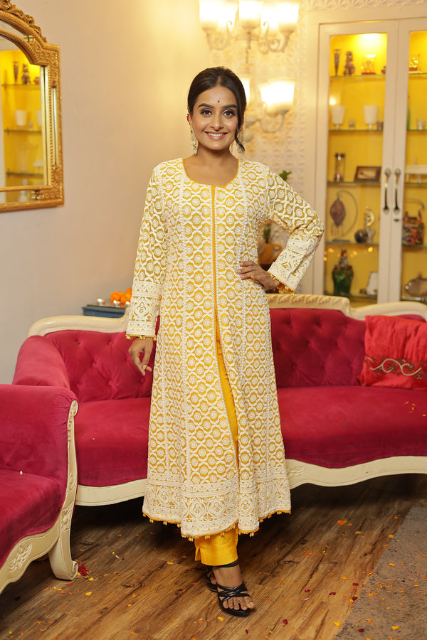 Soft Yellow Color Chikankari Work Georgette Suit Set