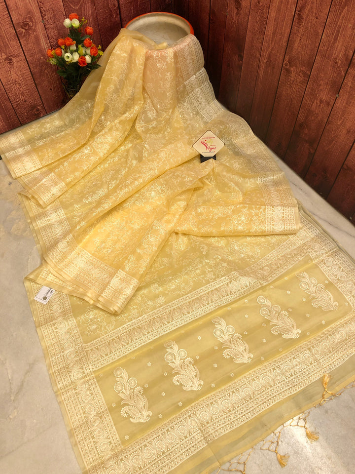 Soft Yellow Color Designer Organza Saree with Chikankari