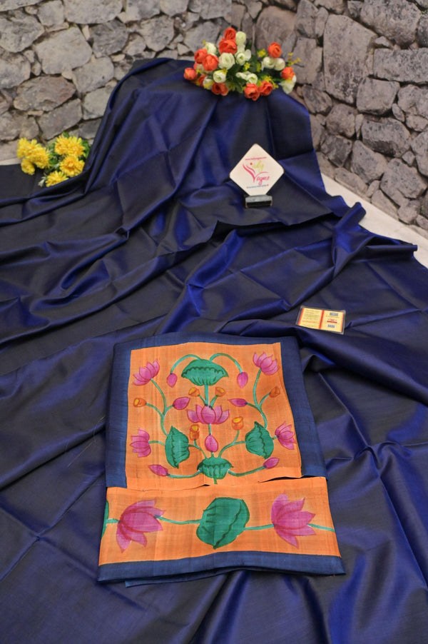 Space Blue Color Pure Bishnupur Katan Silk Saree with Pichwari Painted Blouse Piece