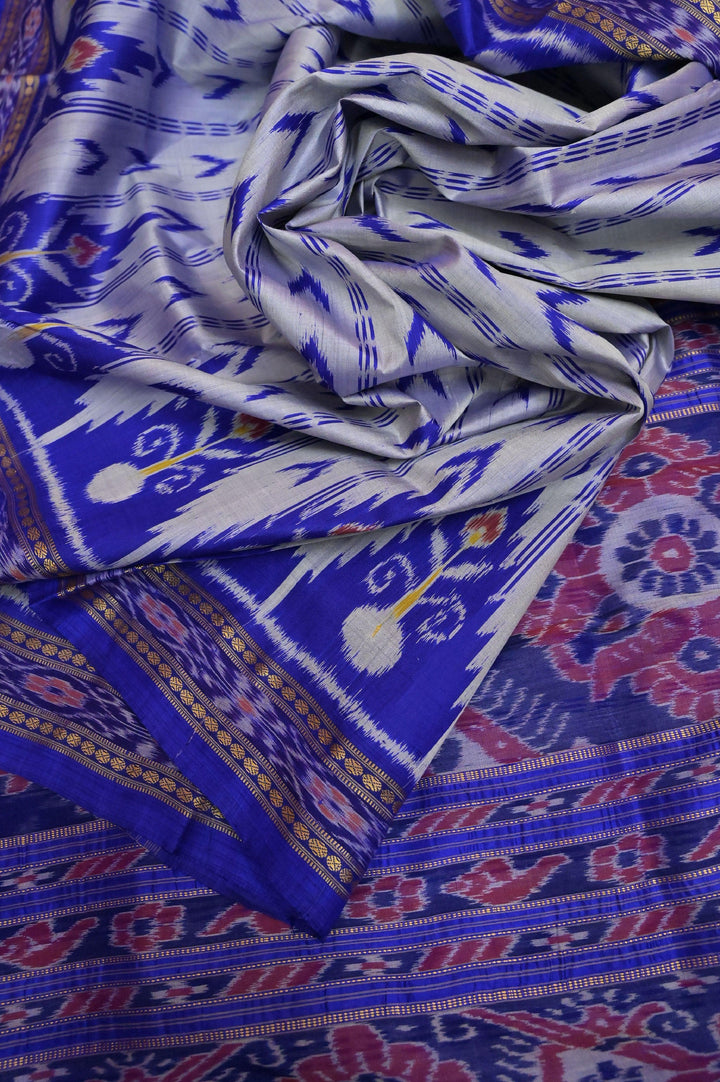 Steel and Purple Color Sambalpuri Silk Saree with Temple Border