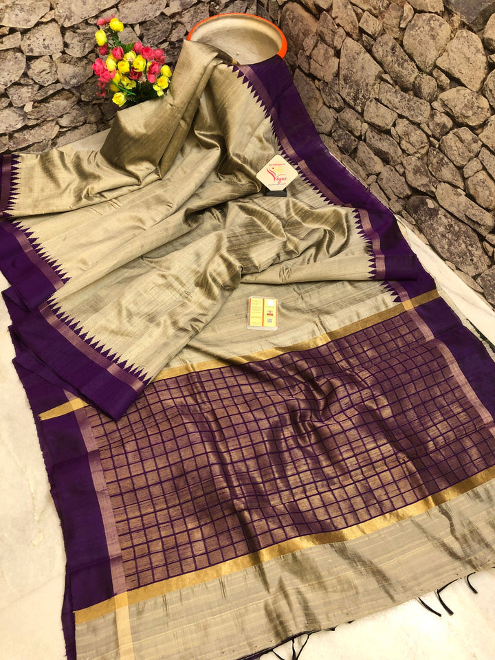 Steel Grey Color Pure Raw Silk Saree