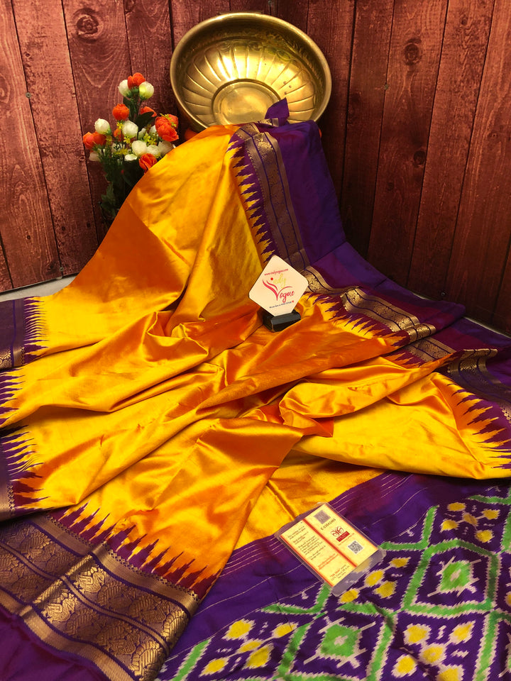 Sun Golden Yellow and Deep Violet Color Pure Ikat Silk Saree with Kanchi Border