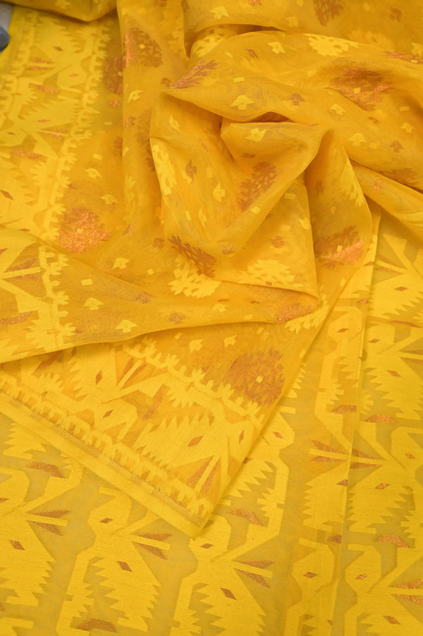 Sunflower Yellow Color Jamdani Saree with Self Weaving and Copper Zari Buti Work