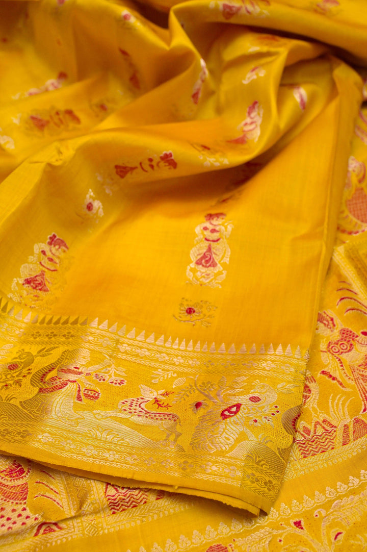 Sunflower Yellow Color Pure Baluchari Silk Saree with Meenkari Work