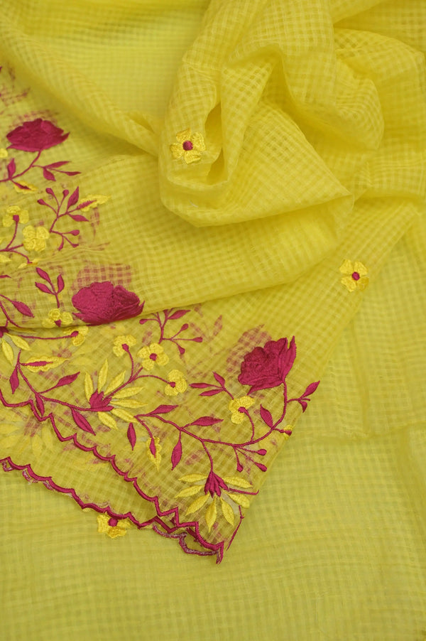 Sunflower Yellow Color Resham Checks Saree with Embroidery Work and Scallop Border