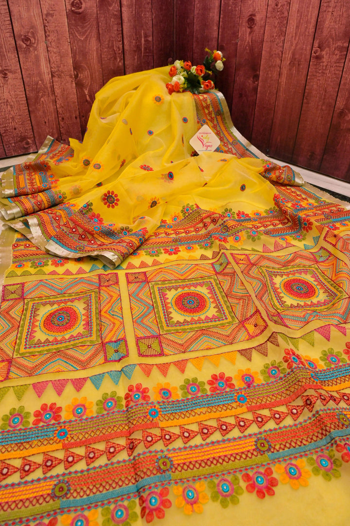 Sunflower Yellow Color Resham Handloom Saree with Lambani Embroidery
