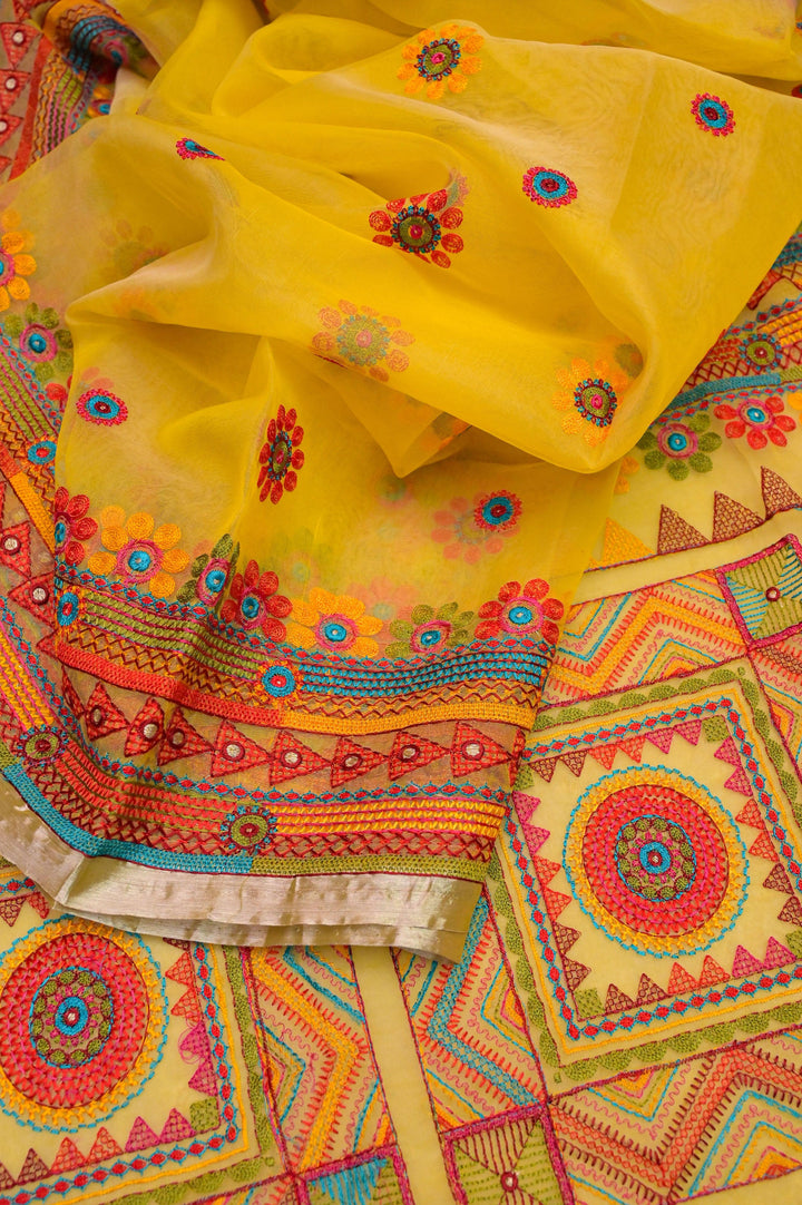 Sunflower Yellow Color Resham Handloom Saree with Lambani Embroidery