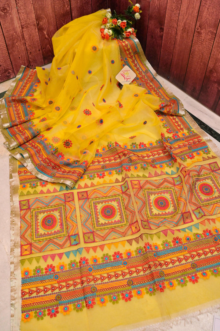 Sunflower Yellow Color Resham Handloom Saree with Lambani Embroidery