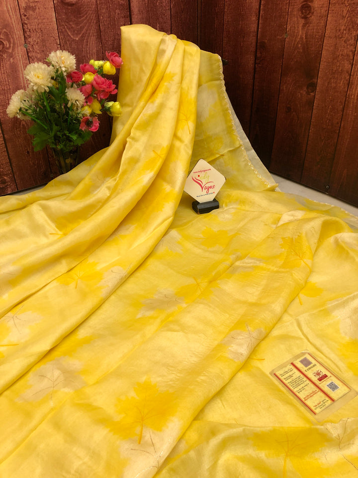 Sunshine Yellow Color Pure Tussar Silk Saree with Hand Paint and Katdana Border